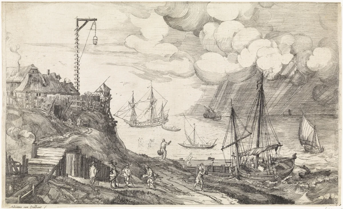 Schepen voor de kust by Unknown, print, 1590-1662