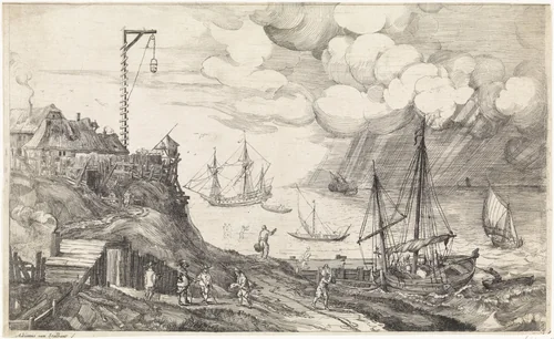 Schepen voor de kust by Unknown, print, 1590-1662