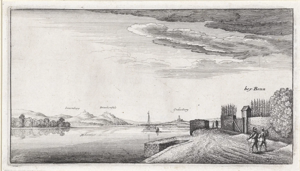 Landschap met gezicht op de Rijn bij Bonn by Wenceslaus Hollar, print, 1643-1644