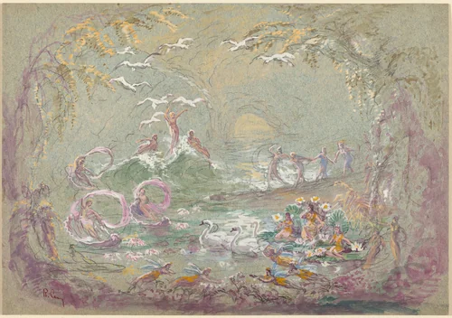 Lake Scene with Fairies and Swans by Robert Caney, drawing, 1552-1615