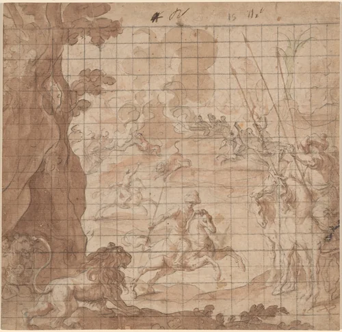 The Lion Hunt by Vicencio Carducho, drawing, 1578-1638