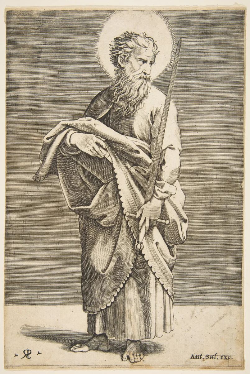 Saint Paul looking to the right and holding a sword and a book by Marco Dente, print, 1510-1532