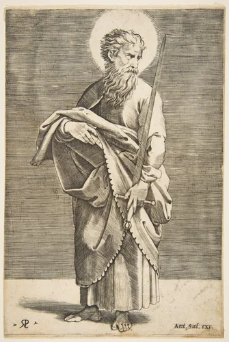Saint Paul looking to the right and holding a sword and a book by Marco Dente, print, 1510-1532