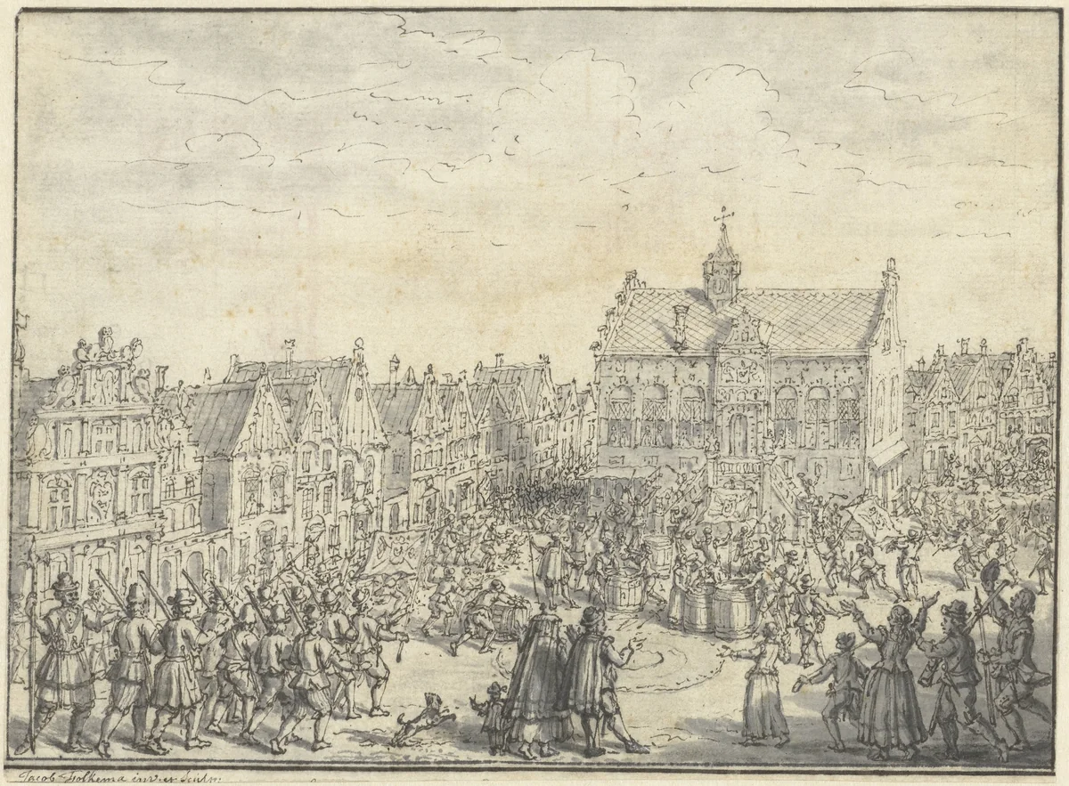 Oproer te Hoorn, over de invoering van nieuwe accijnzen op het bier, in 1470 by Jacob Folkema, drawing, 1747-1759