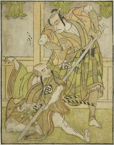 The Actors Kasaya Matakuro II as Nobuyori Disguised as the Yakko Gunnai (right), and Miyazaki Hachizo as the Lay Monk Hambyo Nyudo (left), in the Play Nue no Mori Ichiyo no Mato, Performed at the Nakamura Theater in the Eleventh Month, 1770 by Katsukawa Shunsho (勝川 春章), print, 1767-1777
