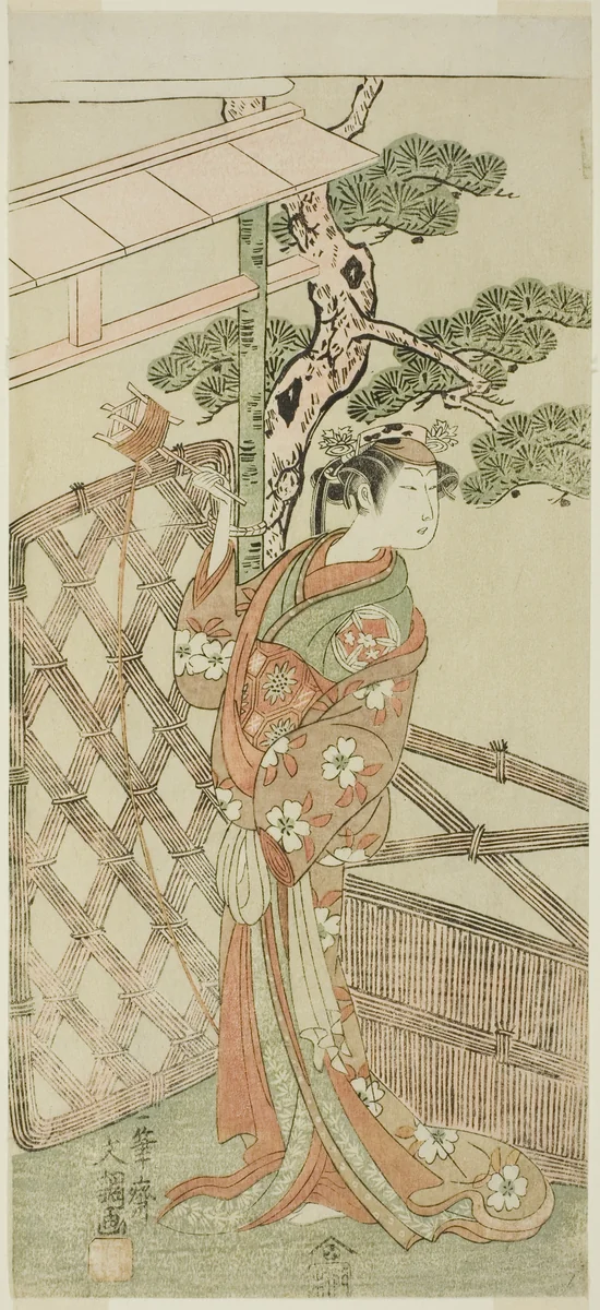 The Actor Yamashita Kinsaku II as Moshio, Wife of Ito Sukekiyo, in the Play Izu-goyomi Shibai no Ganjitsu, Performed at the Morita Theater in the Eleventh Month, 1772 by Ippitsusai Buncho, print, 1767-1777
