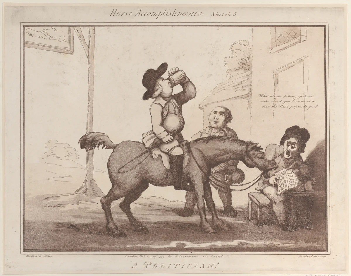 Horse Accomplishments, Sketch 5: A Politician !! by Thomas Rowlandson, print, 1799