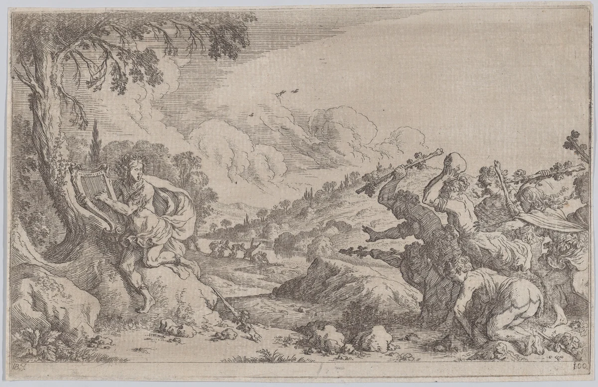 Plate 100: The death of Orpheus, from "Ovid's Metamorphoses" by Johann Wilhelm Baur, print, 1641