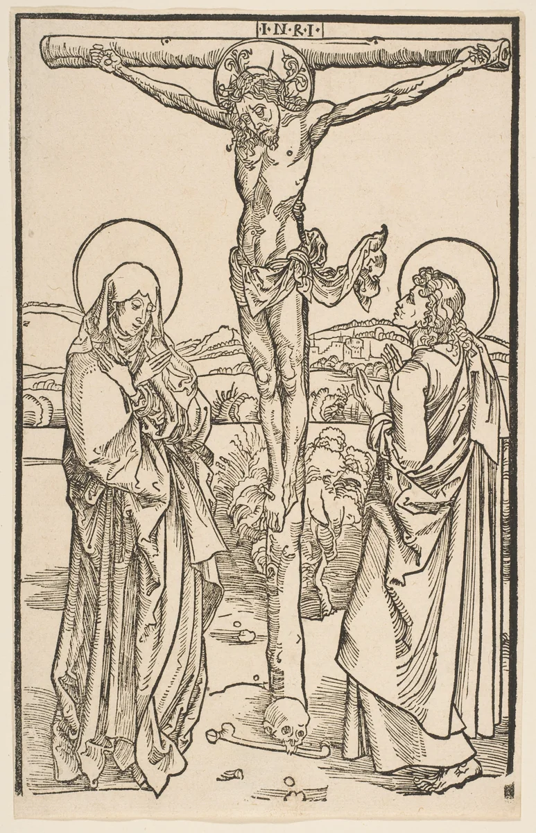 Christ on the Cross with the Virgin and Saint John by Albrecht Dürer, print, 1485-1528