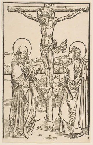 Christ on the Cross with the Virgin and Saint John by Albrecht Dürer, print, 1485-1528