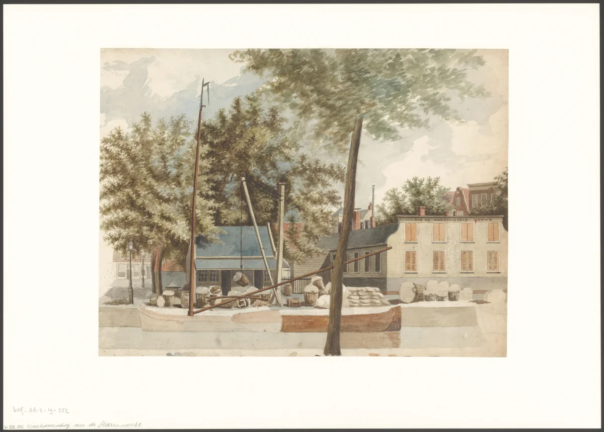 Gezicht op de Herenmarkt by Johan George Lodewijk Rieke, drawing, 1827-1898