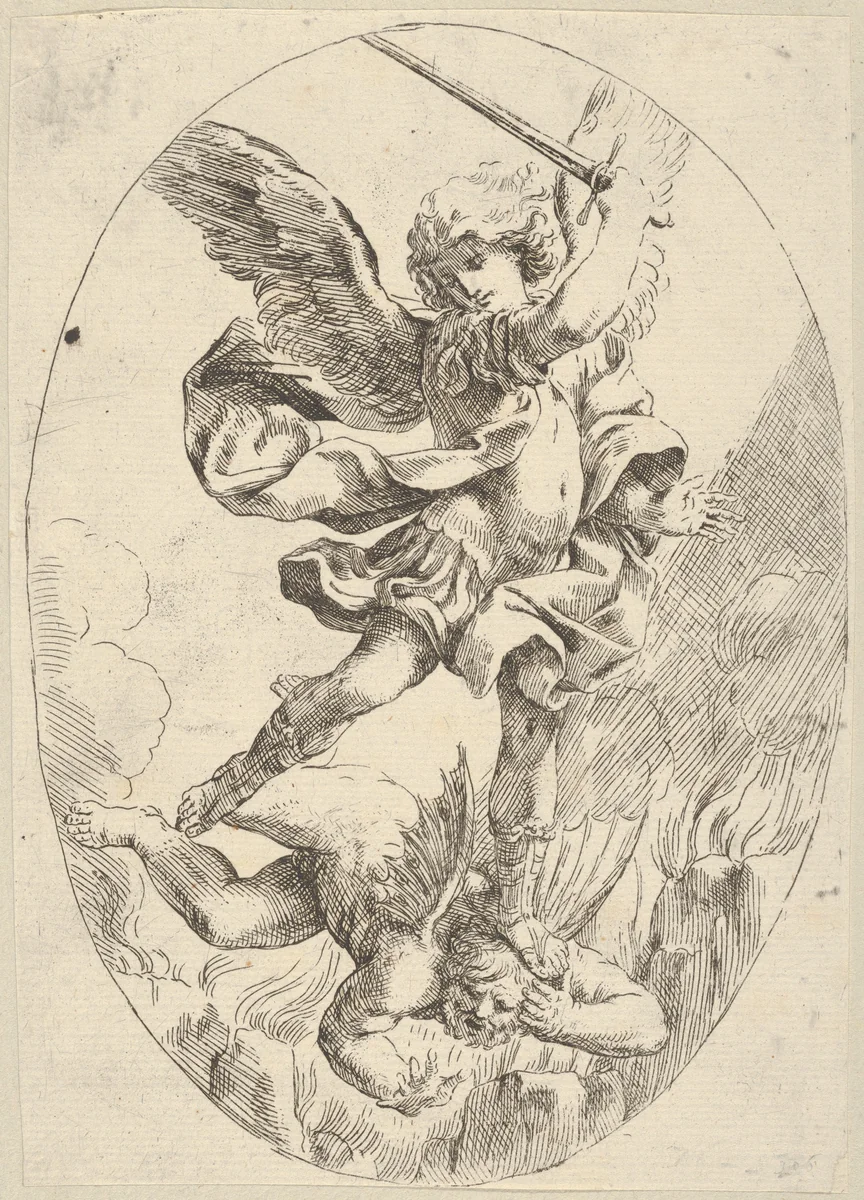 The winged archangel Saint Michael holding a sword and standing on the head of the devil, who descends into hell, an oval composition by anonymous, print, 1595-1645