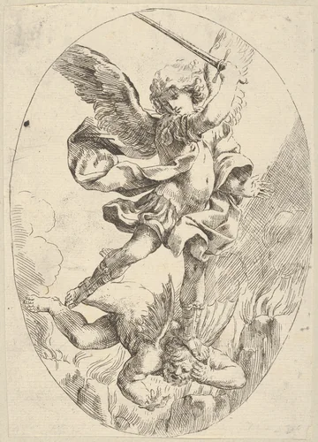 The winged archangel Saint Michael holding a sword and standing on the head of the devil, who descends into hell, an oval composition by anonymous, print, 1595-1645