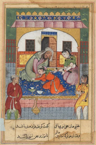 Repenting his conduct, ‘Ubaid falls at the feet of his parents, from a Tuti-nama (Tales of a Parrot): Forty-second Night by Unknown, painting, 1555-1565