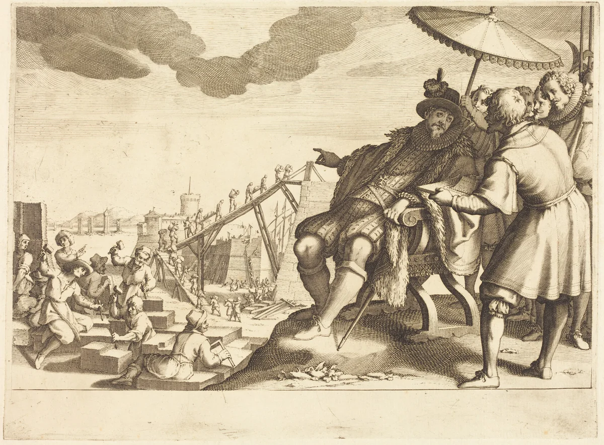 Construction and Fortification of the Port of Livorno by Jacques Callot, print, 1614
