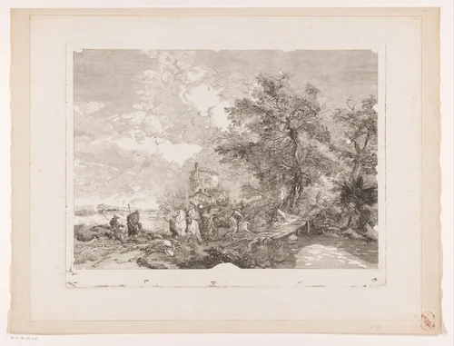 Jachtgezelschap in een landschap met brug by Jean Moyreau, print, 1758