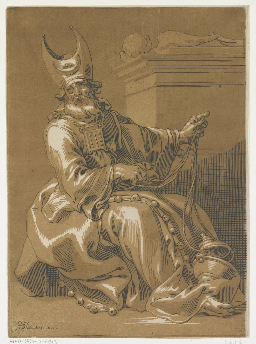 Aäron zittend bij de Ark des Verbonds by anonymous, print, 1610