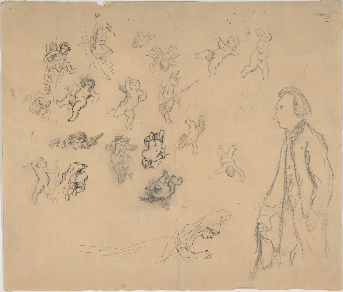 Sheet with putti and several figures by Félicien Rops, drawing, 1833-1898