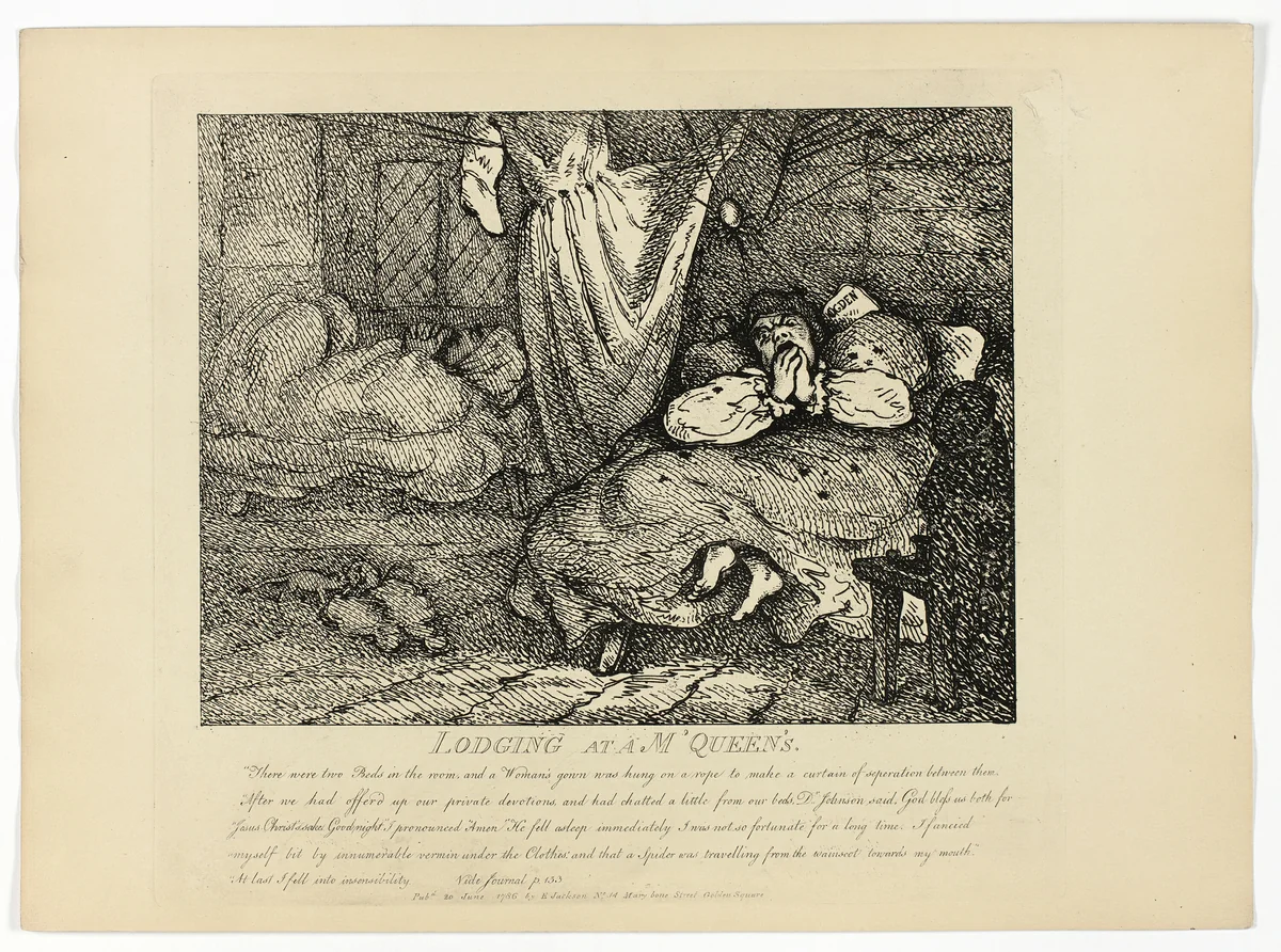 Lodging at M'Queen's, from Boswell's Tour of the Hebrides by Thomas Rowlandson, print, 1786