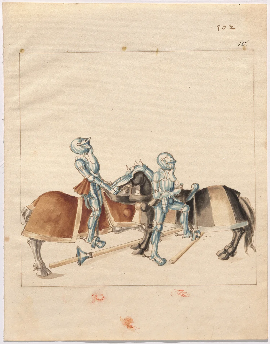 Mock Joust of War in Reinforced Field Armor by German 16th Century, drawing, 1515
