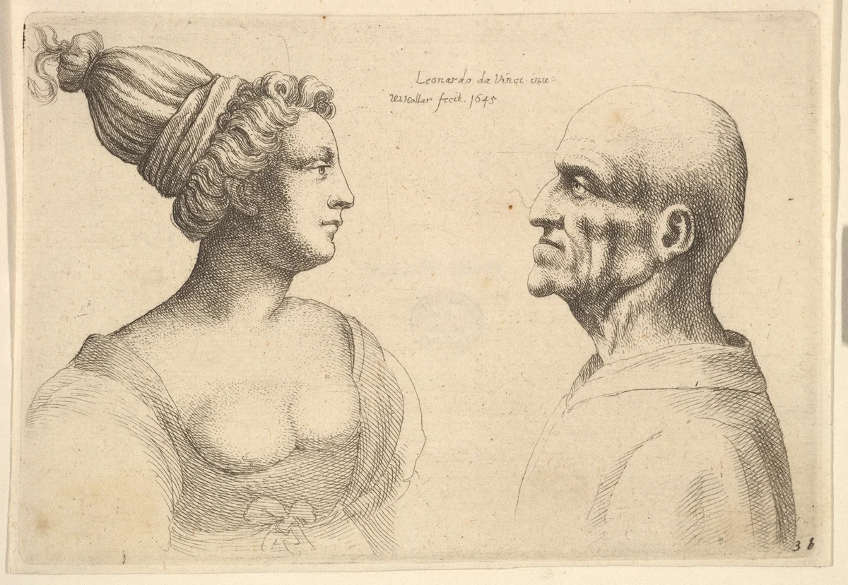 A female with hair tied back and a bald male facing each other by Wenceslaus Hollar, print, 1645