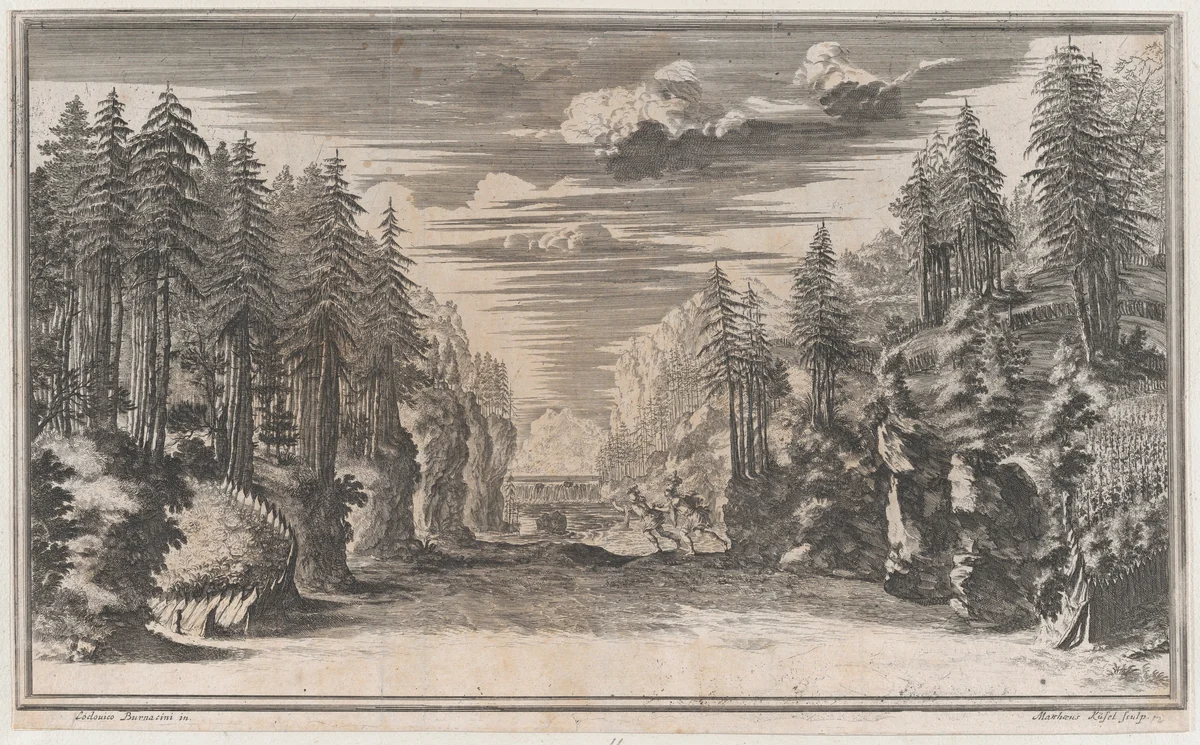 Landscape with two figures running along the bank of the river Xanto; set design from 'Il Pomo D'Oro' by Mathäus Küsel, print, 1668