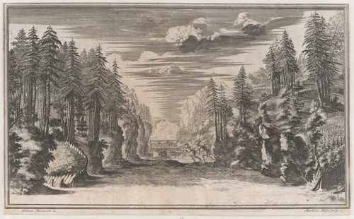Landscape with two figures running along the bank of the river Xanto; set design from 'Il Pomo D'Oro' by Mathäus Küsel, print, 1668