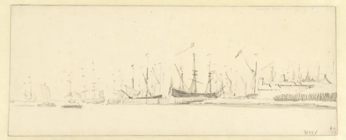 Oorlogsschepen in de haven van Vlissingen by Willem van de Velde, drawing, 1643-1707