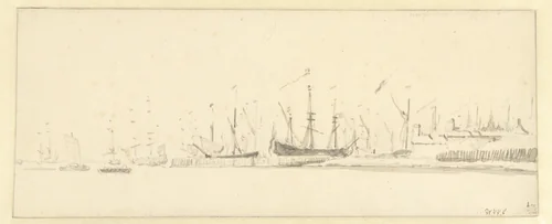 Oorlogsschepen in de haven van Vlissingen by Willem van de Velde, drawing, 1643-1707