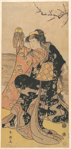 The Fourth Iwai Hanshiro as a Woman Holding a Crystal Ball and Dancing on the Bank of a Stream by Katsukawa Shun'ei (勝川春英), print, 1778-1798
