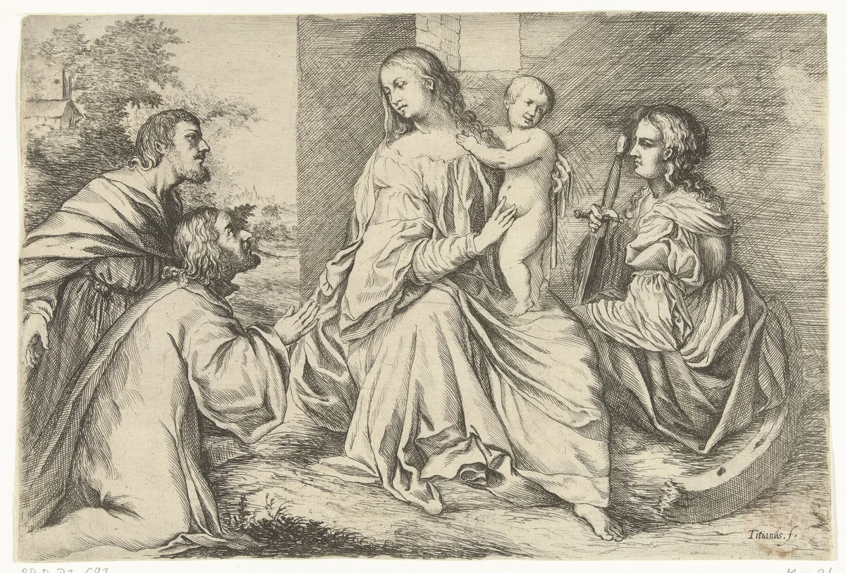 Maria met Christus en de heilige Catharina van Alexandrië by Willem Basse, print, 1633-1672