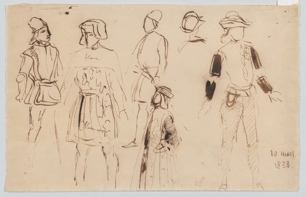 Six Costume Studies for "Goetz von Berlichingen" by Eugène Delacroix, drawing, 1833-1843
