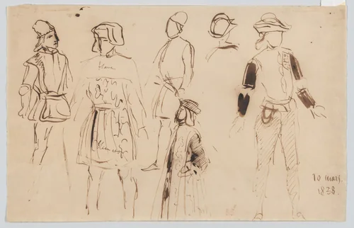 Six Costume Studies for "Goetz von Berlichingen" by Eugène Delacroix, drawing, 1833-1843