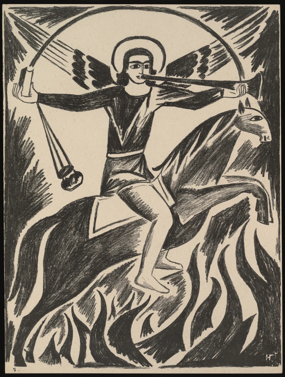 Arkhistratig Mikhail (Archangel Michael) from Misticheskie obrazy voiny. 14 litografii (Mystical Images of War: Fourteen Lithographs) by Natalia Goncharova, print, 1914