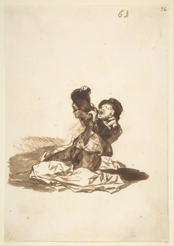 A man on the ground drinking from a wine skin; folio 63 from the "Images of Spain" Album (F) by Goya, drawing, 1807-1825