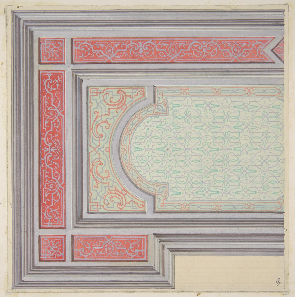 Design for the decoration of a ceiling in strapwork and rinceaux by Jules-Edmond-Charles Lachaise, drawing, 1830-1897