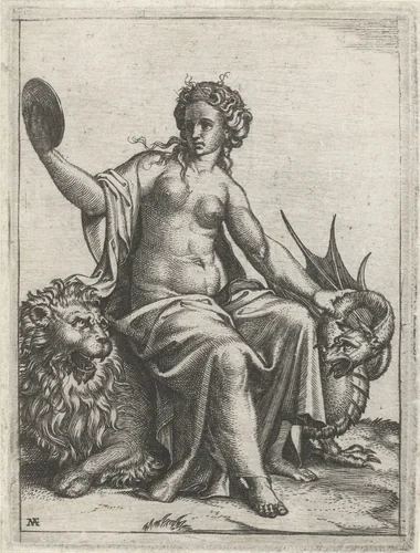 Voorzichtigheid (Prudentia) met spiegel zittend op leeuw houdt een draak in bedwang by Unknown, print, 1510-1527
