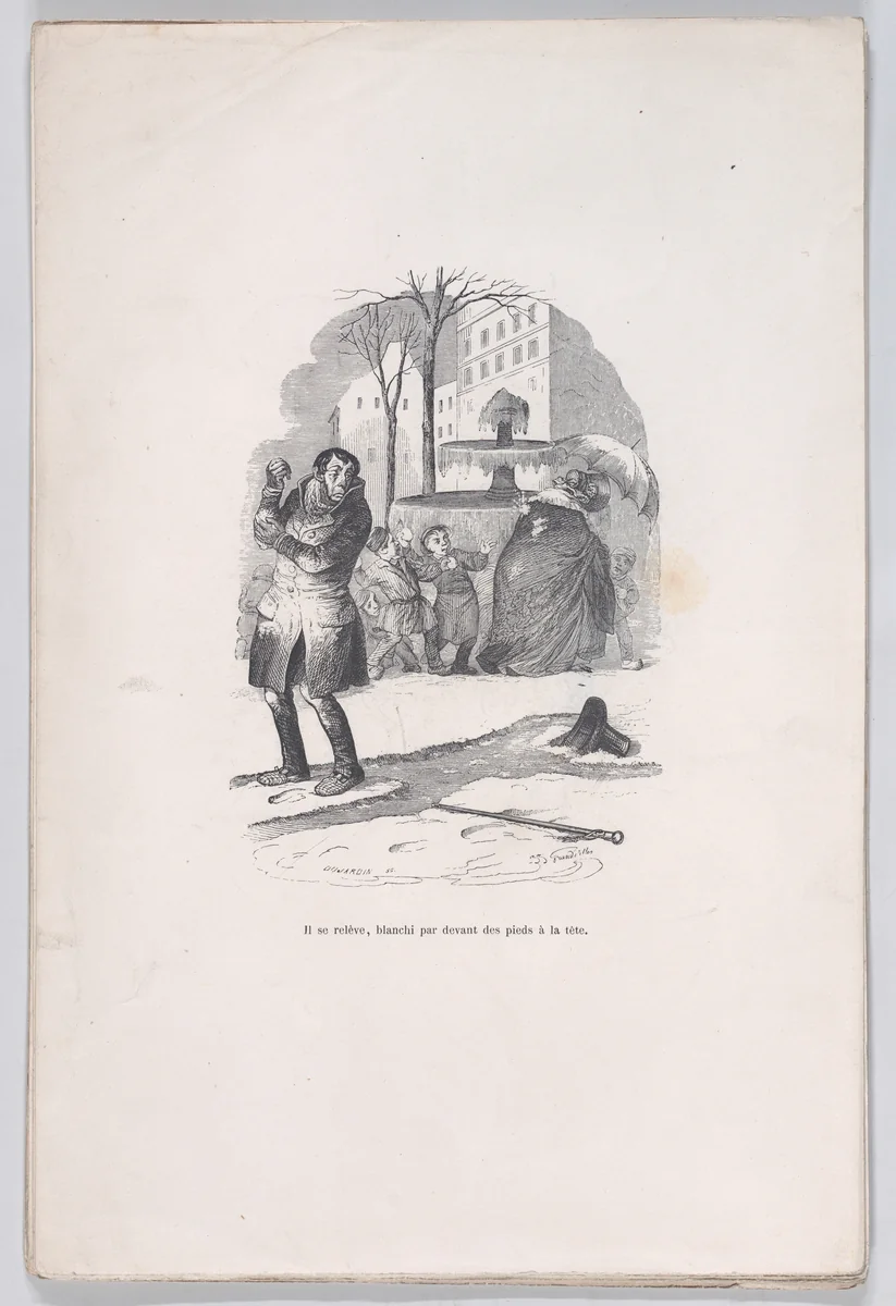 He gets up, covered from head to toe in snow, from "Little Miseries of Human Life" by J. J. Grandville, print, 1843