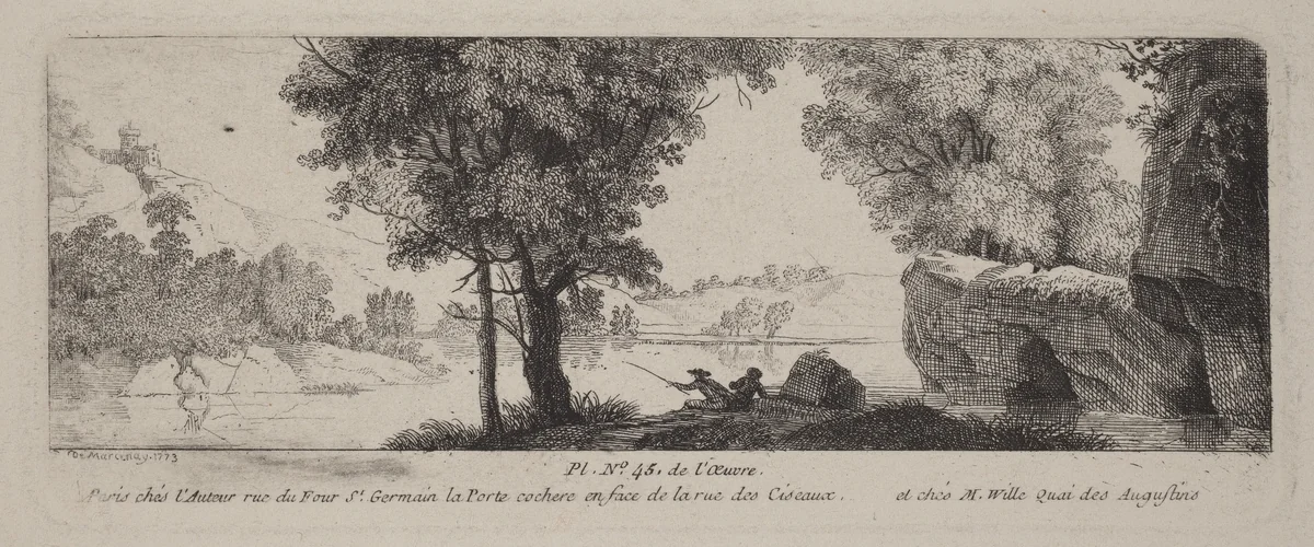 River Landscape with an Angler by Antoine de Marcenay de Ghuy, print, 1773