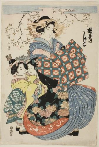 The courtesan Kashiku of the Tsuruya with two child attendants by Kikukawa Eizan, print, 1819-1834
