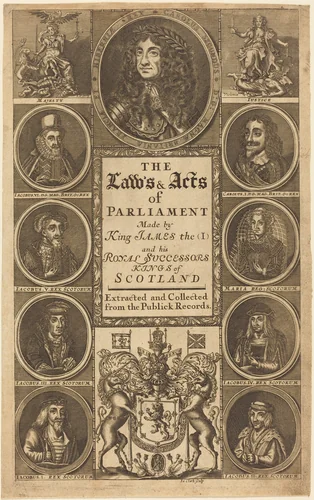 Frontispiece to "The Laws and Acts of Parliament Made by King James I ..." by James Clark, print, 1640-1770