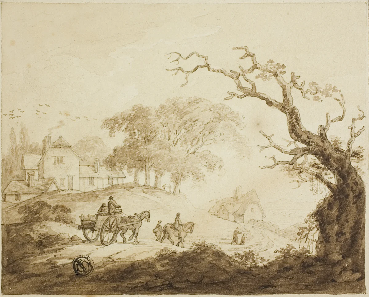 Travelers with Horses and Cart on a Road Past Houses by Unknown Artist, drawing, 1800-1899