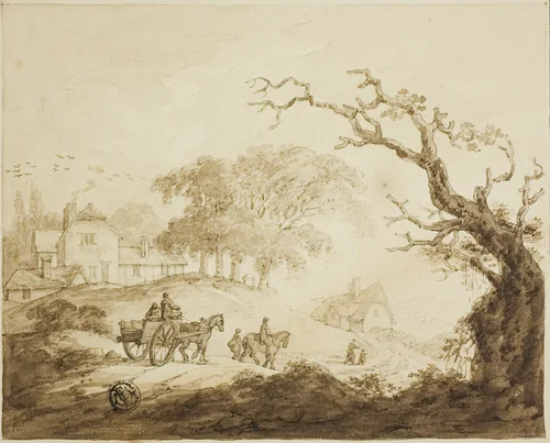 Travelers with Horses and Cart on a Road Past Houses by Unknown Artist, drawing, 1800-1899
