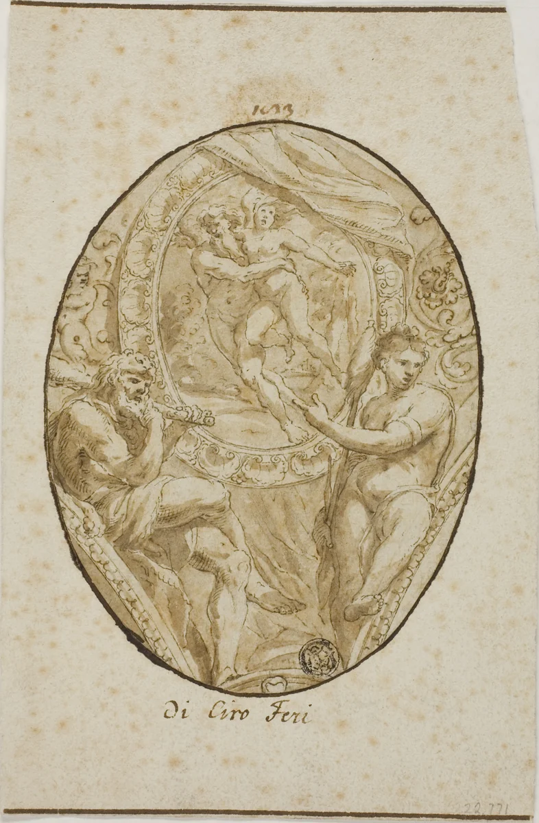 Spandrel with Rape of Orytheia Flanked by Hercules and Omphale by Ciro Ferri, drawing, 1654-1689