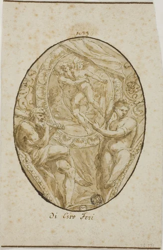 Spandrel with Rape of Orytheia Flanked by Hercules and Omphale by Ciro Ferri, drawing, 1654-1689