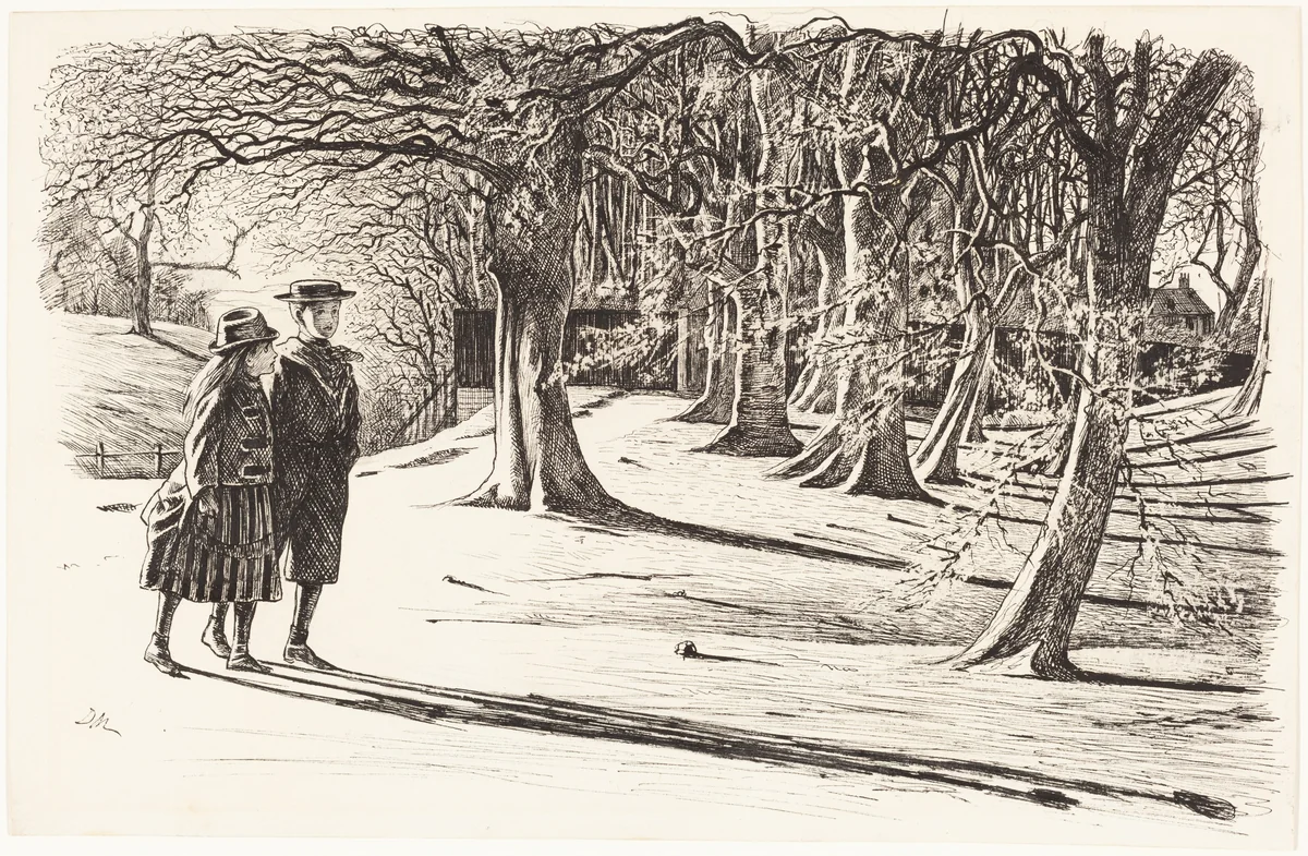 Two Children in the Snow by George Du Maurier, drawing, 1834-1896