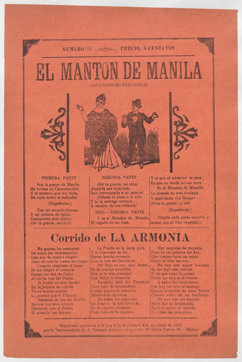 Broadsheet with songs for a two-step dance, a couple dancing by José Guadalupe Posada, print, 1913-1923
