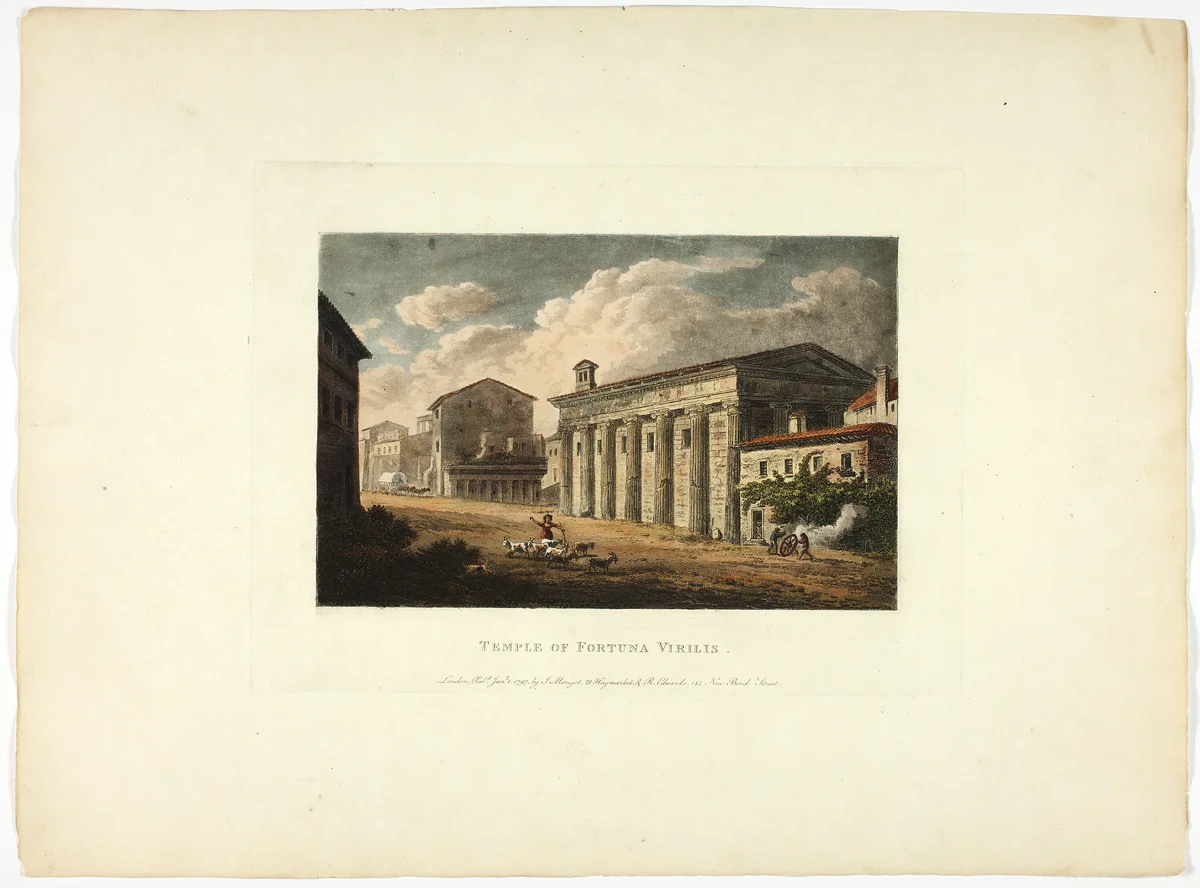 Temple of Fortuna Virilis, plate thirty-four from the Ruins of Rome by M. Dubourg, print, 1797