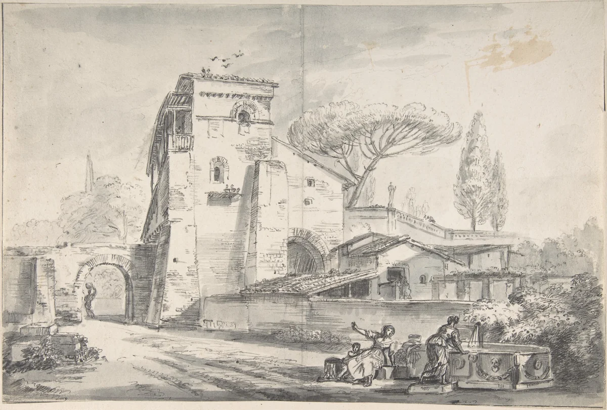 Italian Country House Beside a Road by Jean Baptiste Lallemand, drawing, 1725-1805