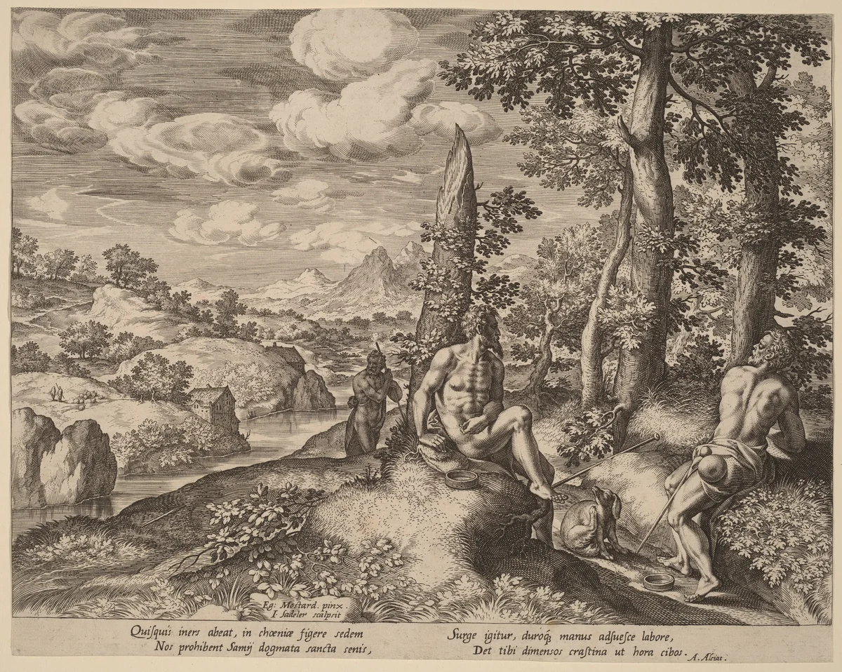 Landscape with Three Nude Men and a Dog by Jan Sadeler I; Gillis Mostaert, print, 1550-1600